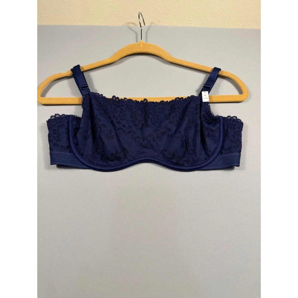 Victoria's Secret PINK Navy Blue Floral Lace Unlined Underwire Bra Large NWT